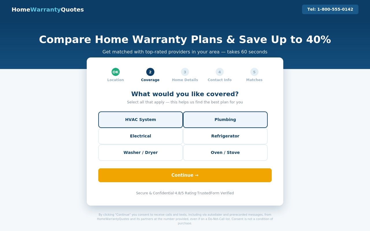 Home Warranty Quote Funnel screenshot